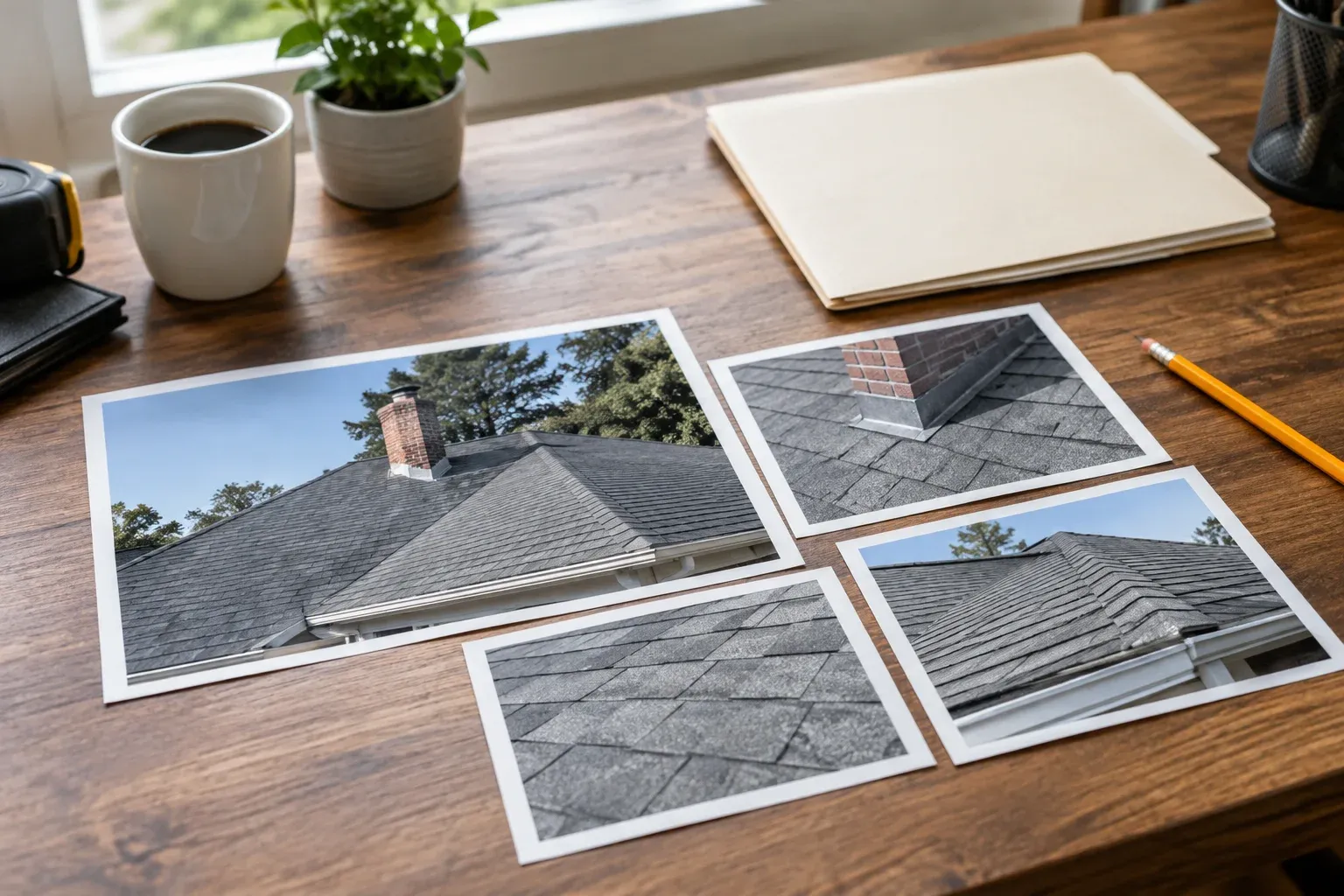 Roof overview and detail photographs organized on a desk for future condition comparisons.