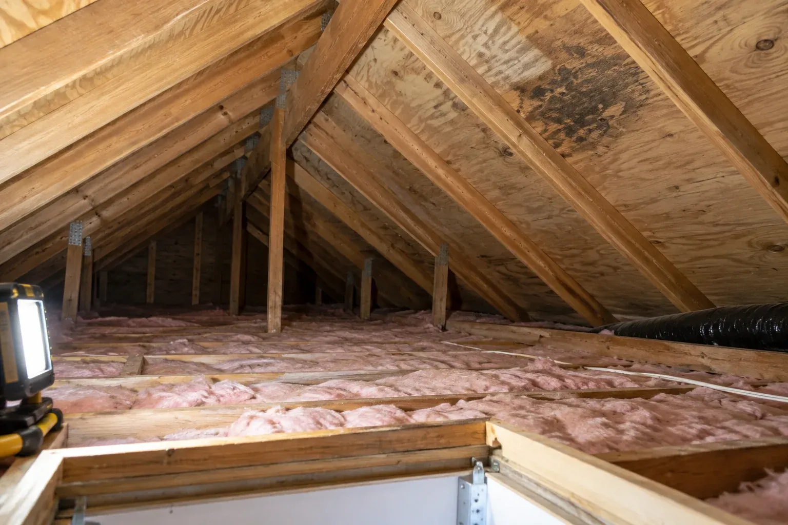 Attic roof framing and decking with localized discoloration visible from an access opening.