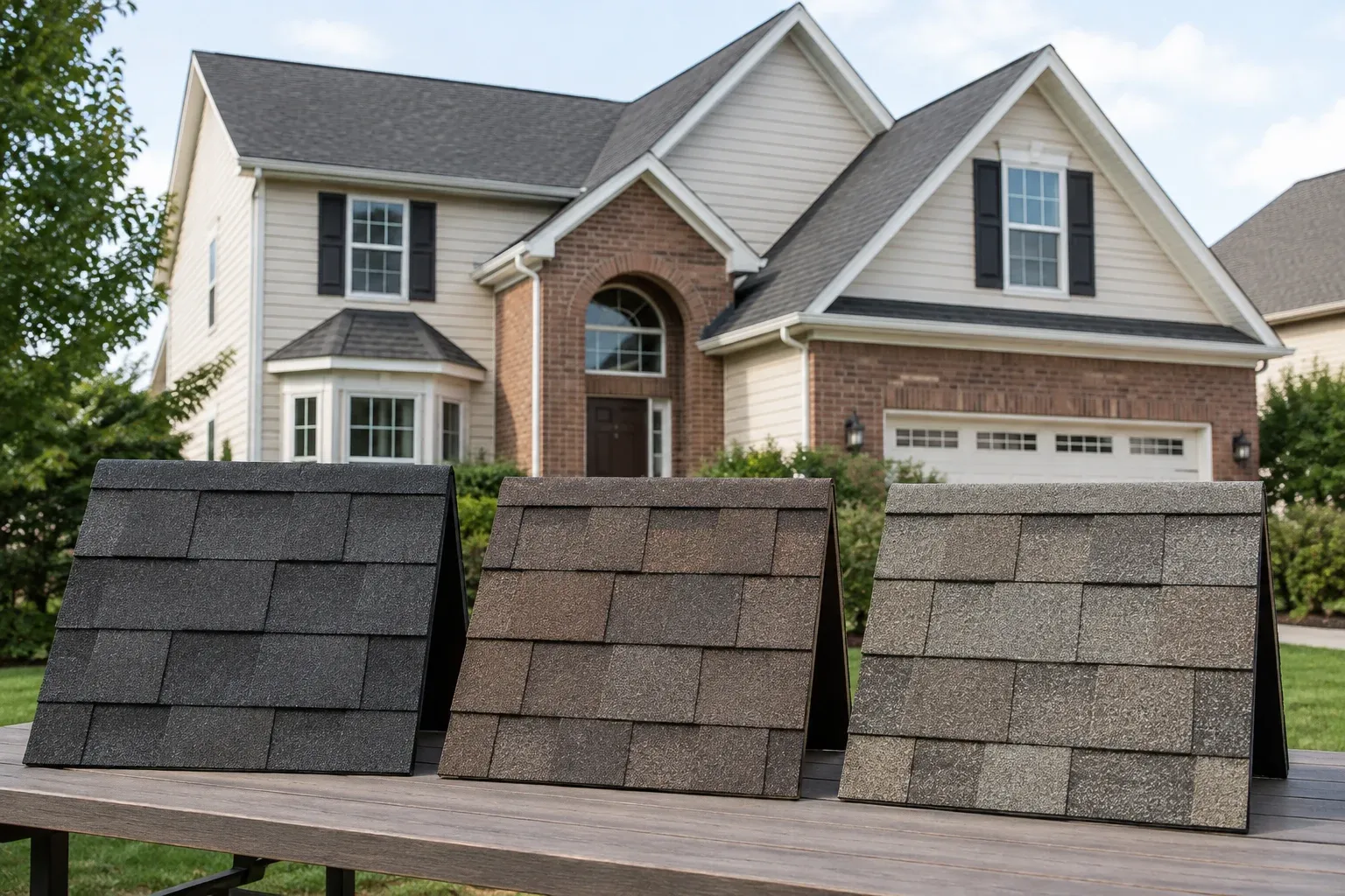 Three shingle sample boards on an outdoor table with siding, brick and roof visible behind them.