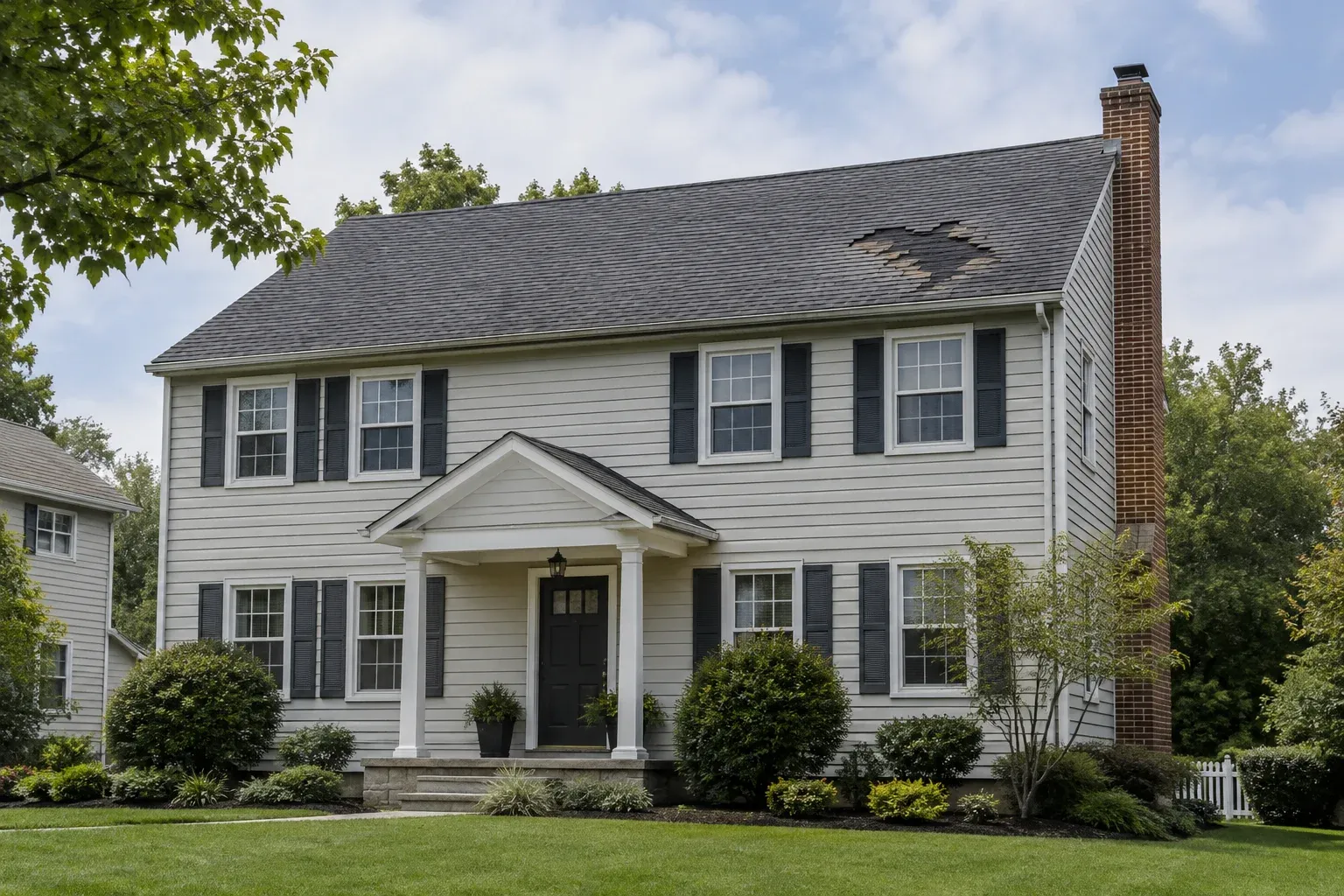 Ground-level view of a shingle roof with a small area of missing shingles after a storm.