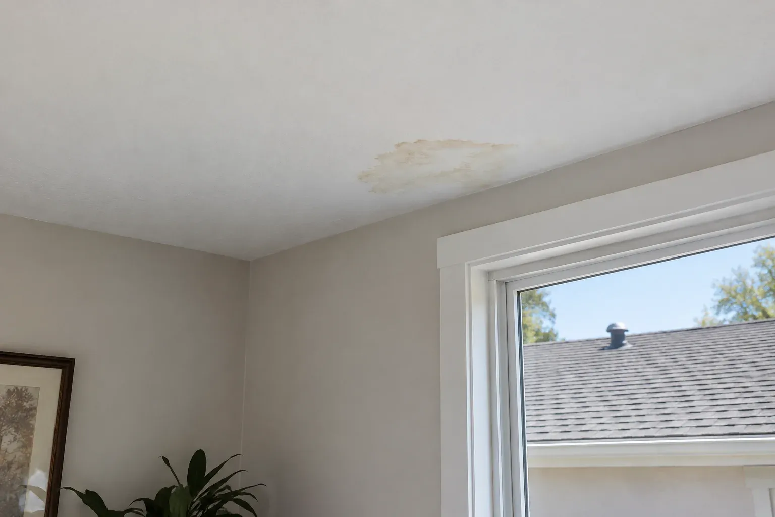 Small ceiling stain near an exterior wall in a residential room.