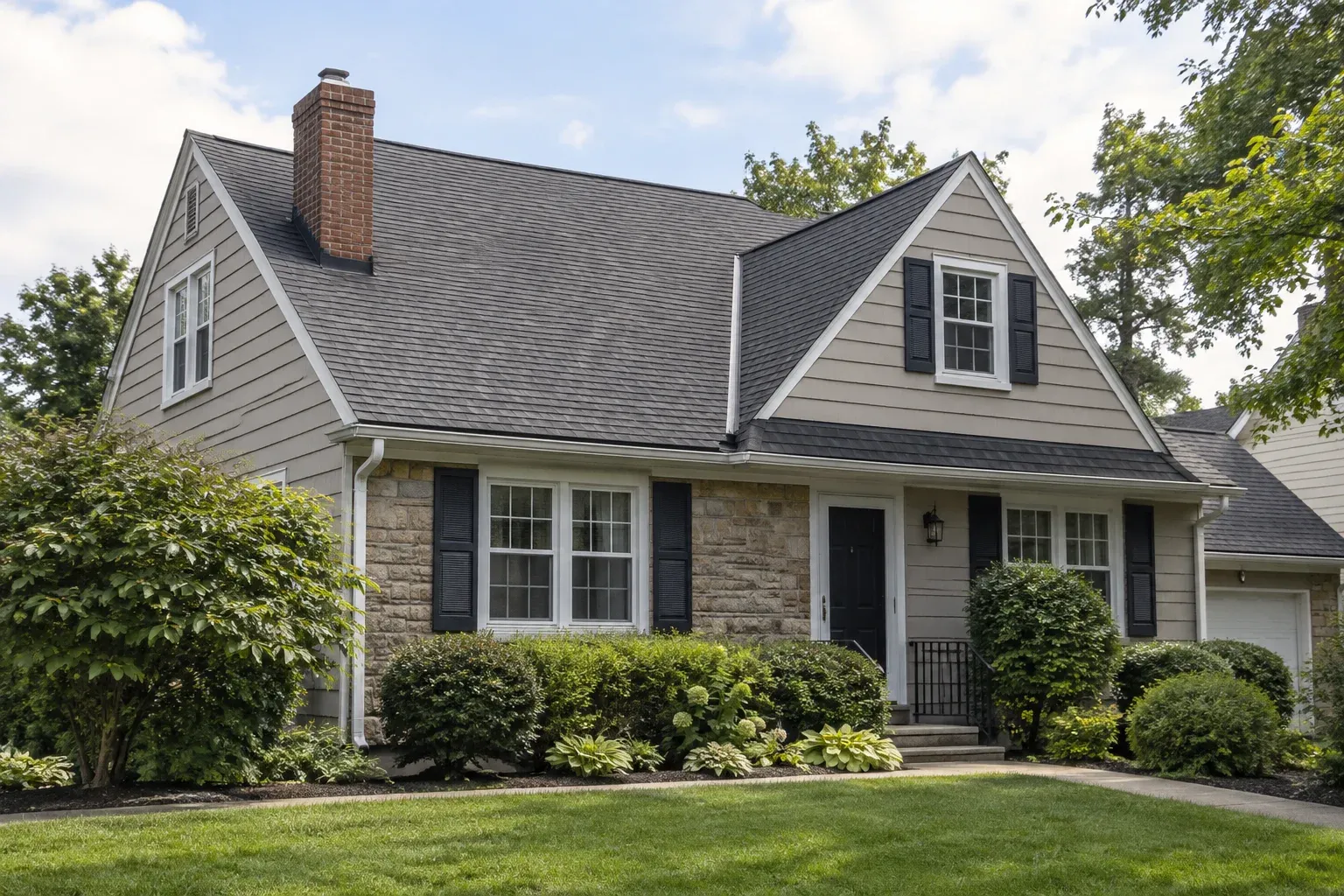 Ground-level view of an asphalt-shingle roof, brick chimney and gutters on a residential home.