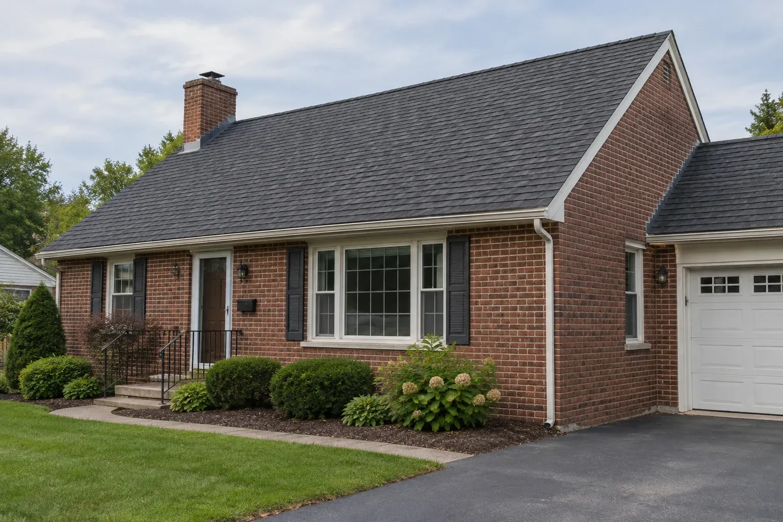Charcoal-gray asphalt shingles viewed across a full roof above red-brown brick and cream trim.