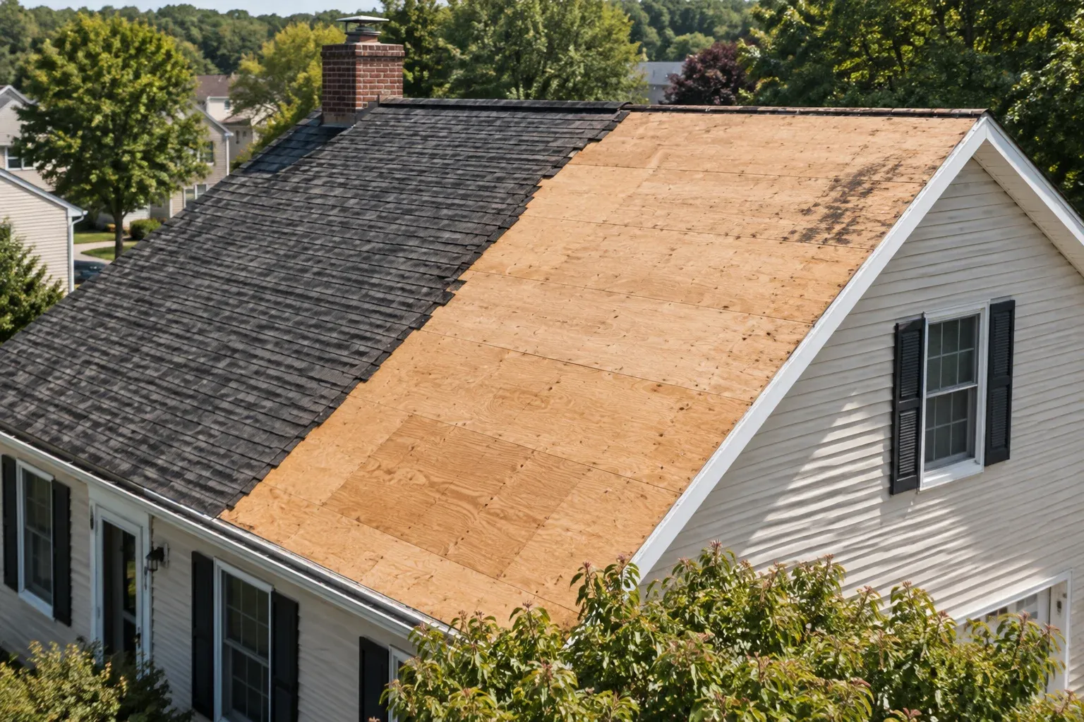 Illustrative view of a residential roof with decking exposed during asphalt-shingle removal.