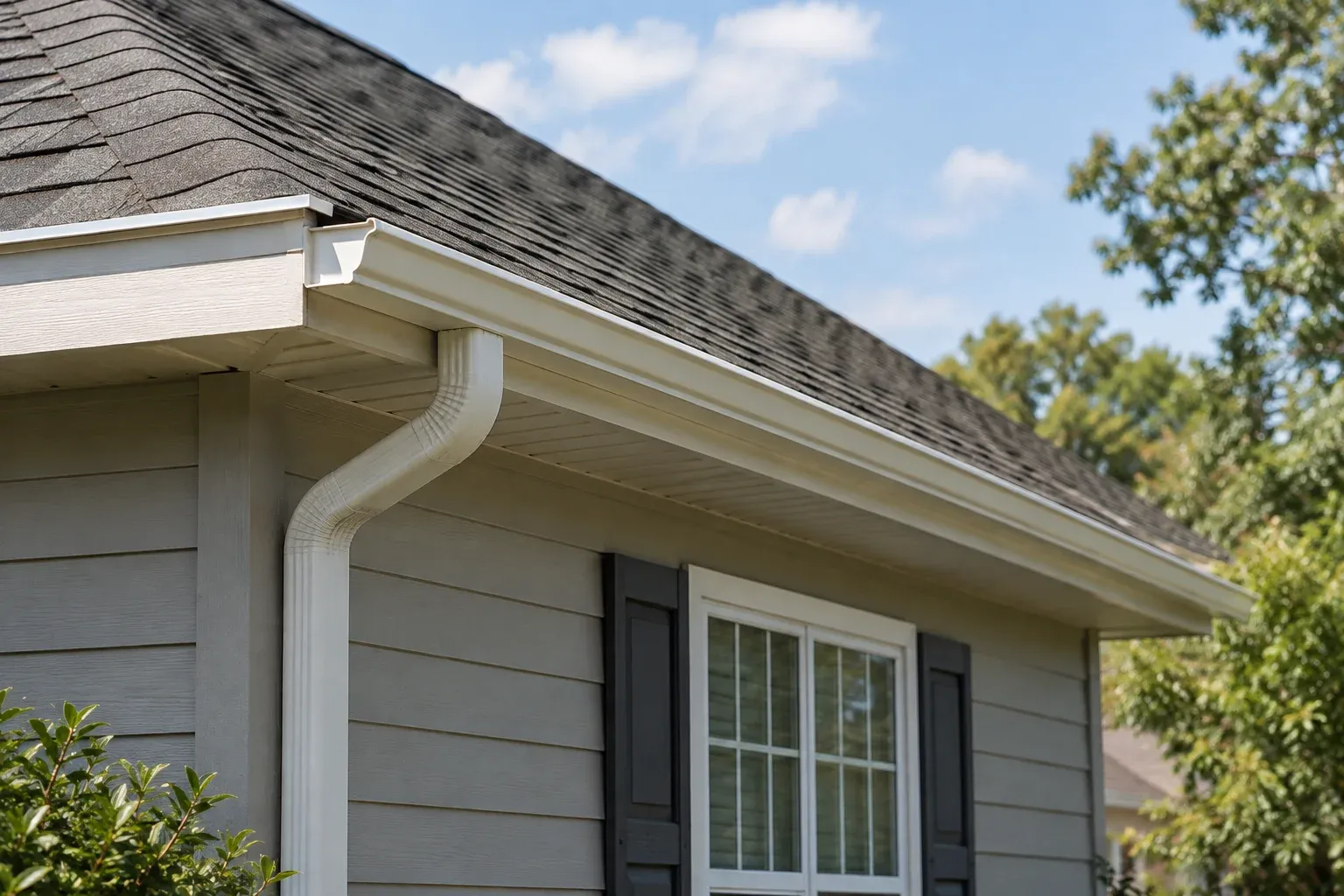 Illustrative view of an existing asphalt-shingle roof with a gutter along the eaves.