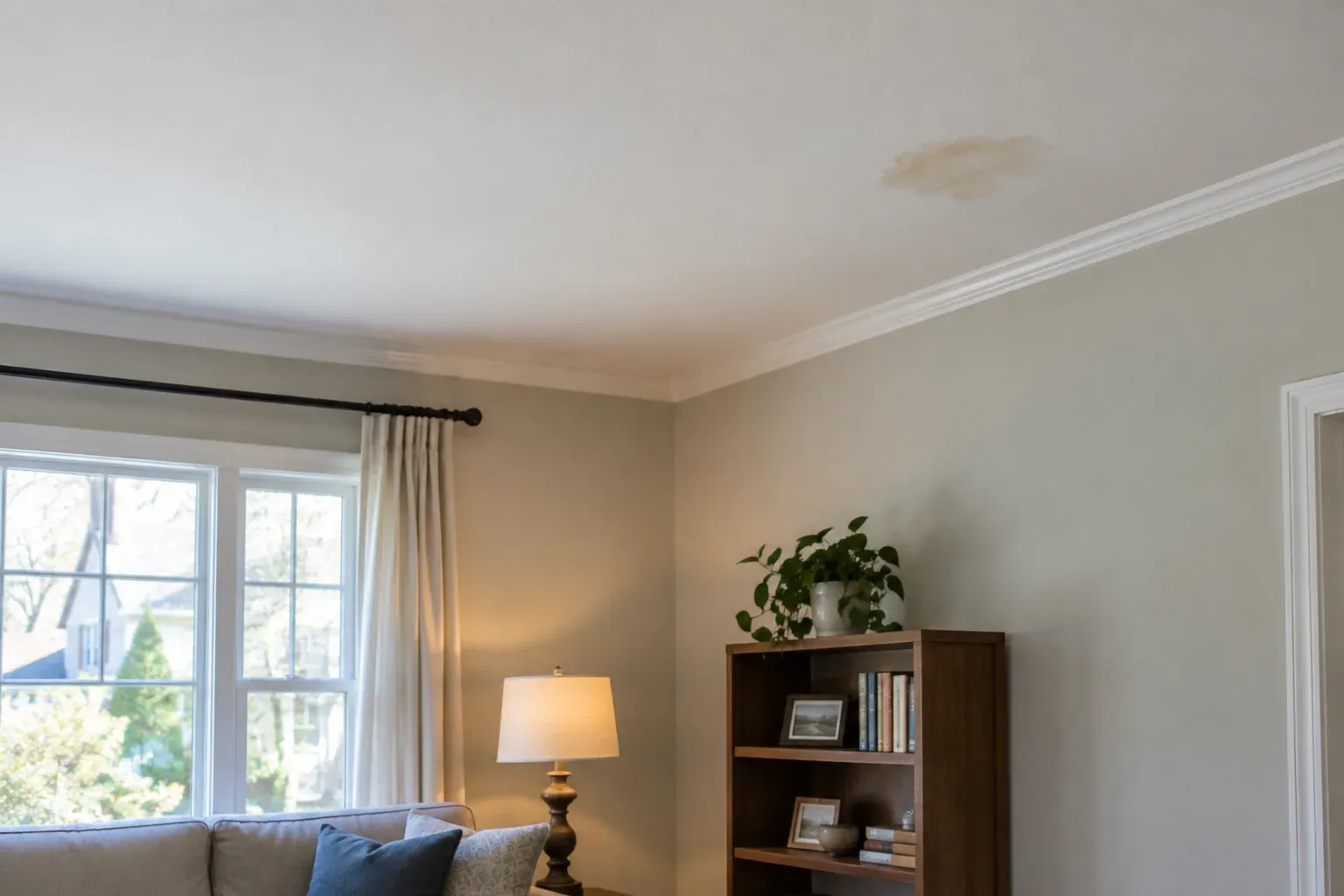 Small brown stain on an intact white ceiling near a room's exterior wall.