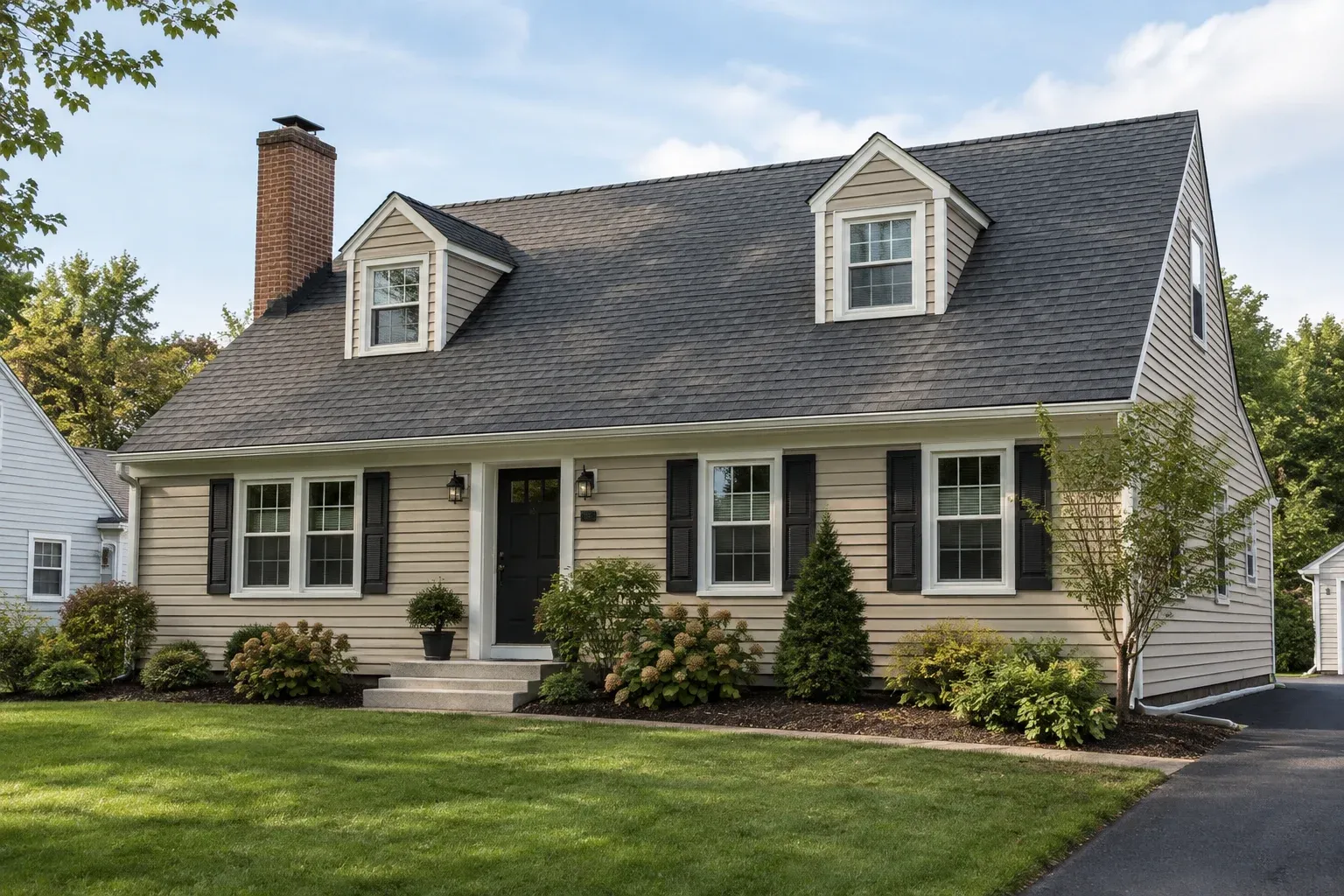 Illustrative house with an asphalt-shingle roof, brick chimney and gutters.
