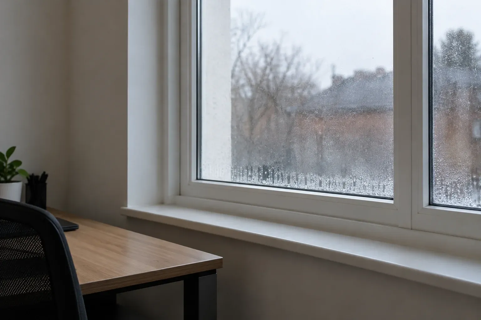 Condensation droplets along the lower edge of an office window.