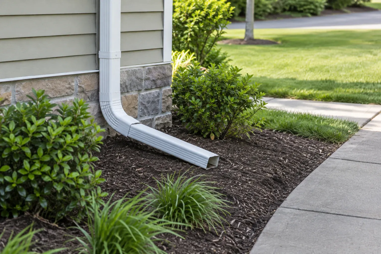 Downspout extension ending over a planted bed beside a building and pedestrian walkway.