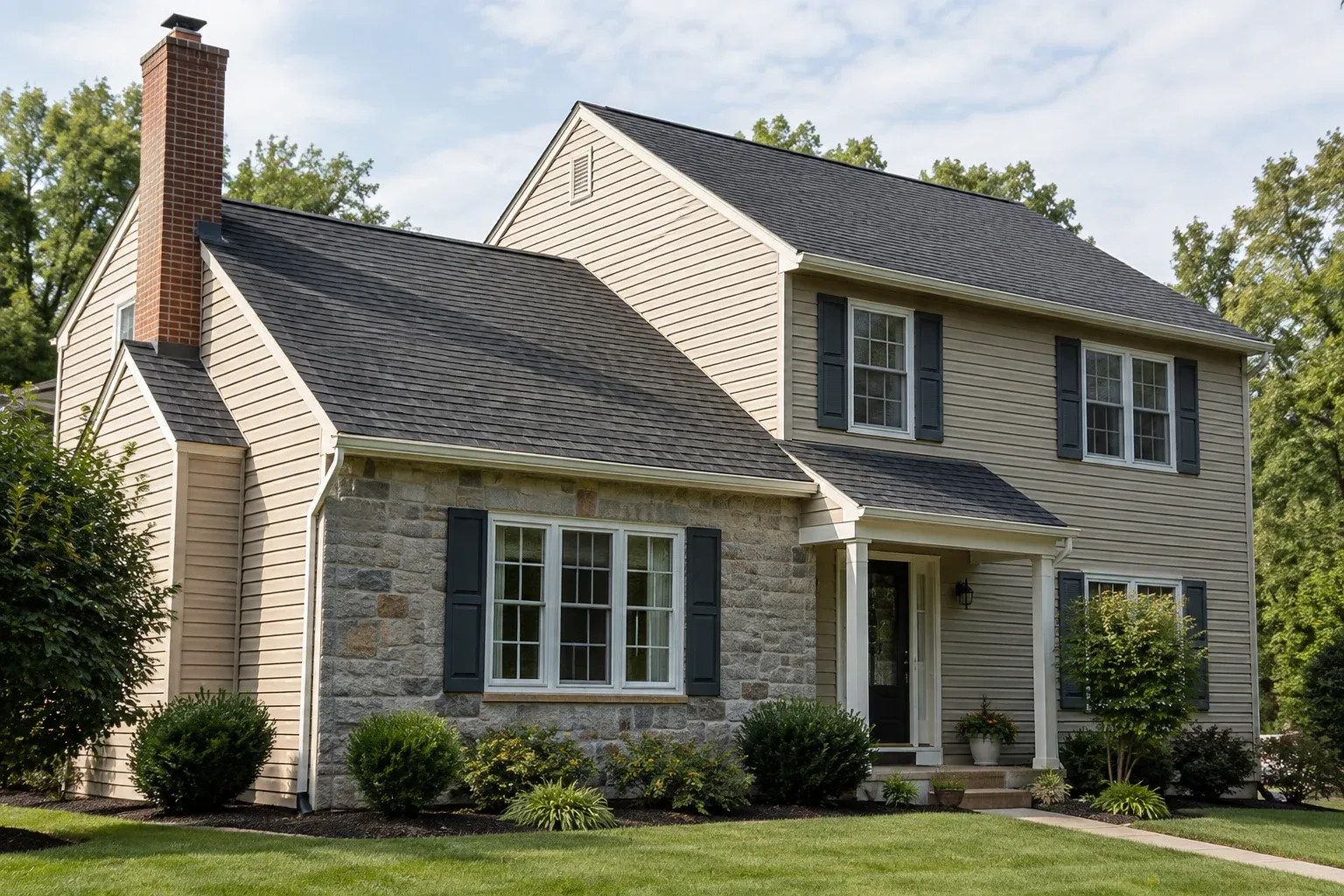 Illustrative residential asphalt-shingle roof with a chimney and intersecting roof planes.