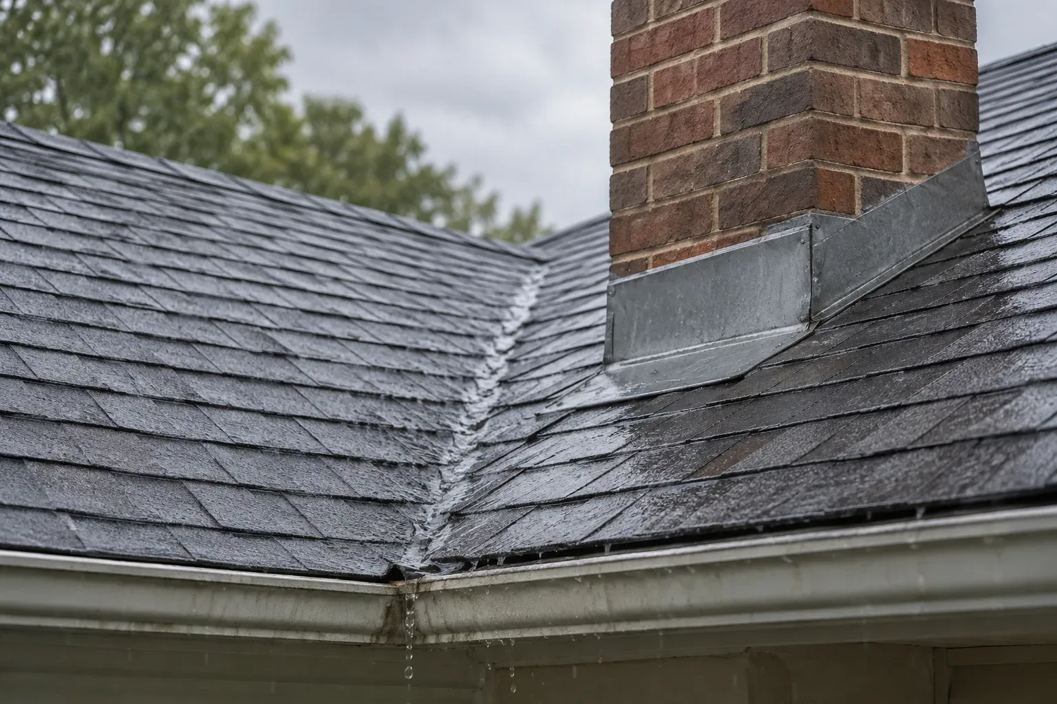 Rain falling on a shingle roof with a valley, chimney flashing, and gutter.