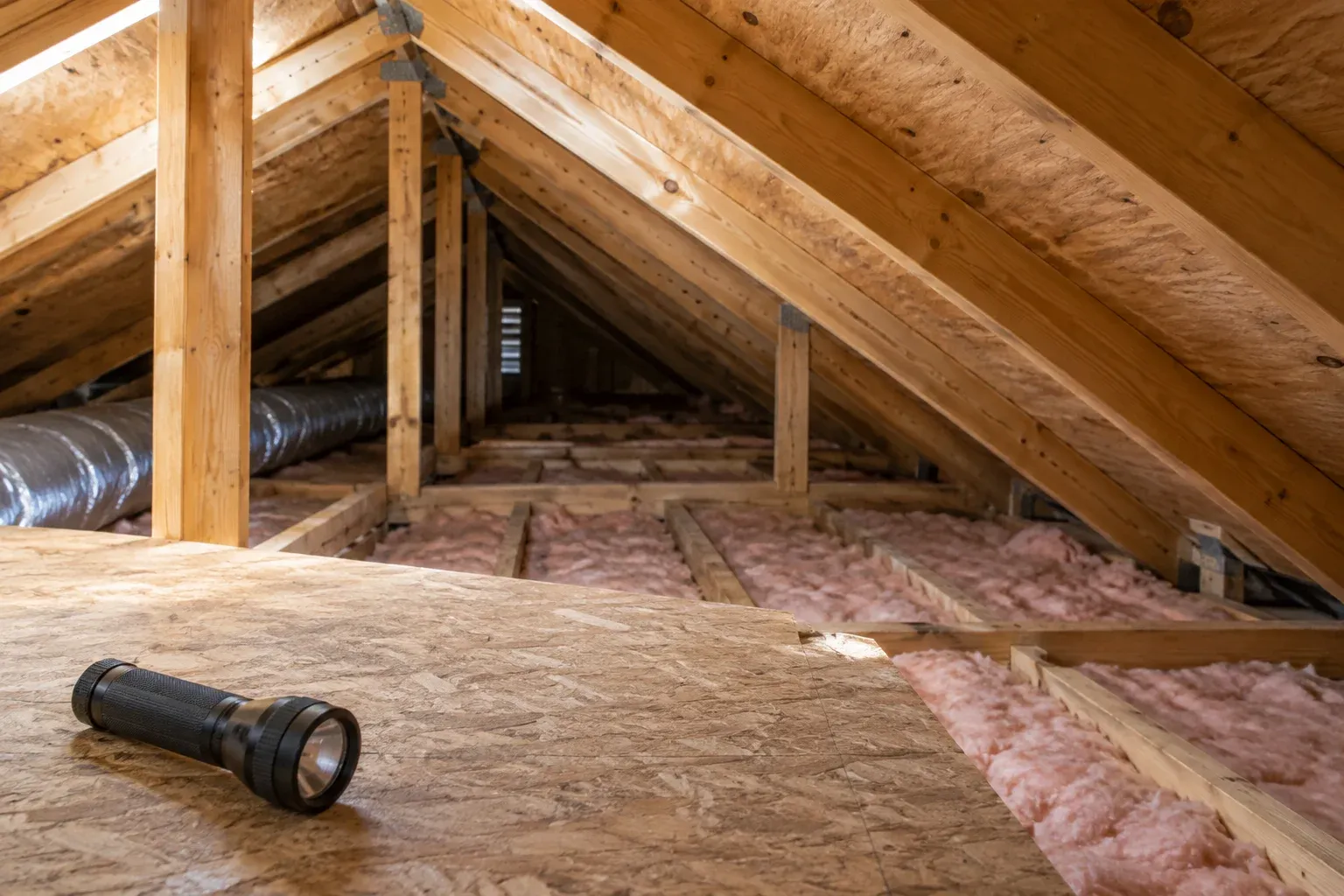 Attic view showing timber rafters, plywood roof decking and a flashlight on an access platform.