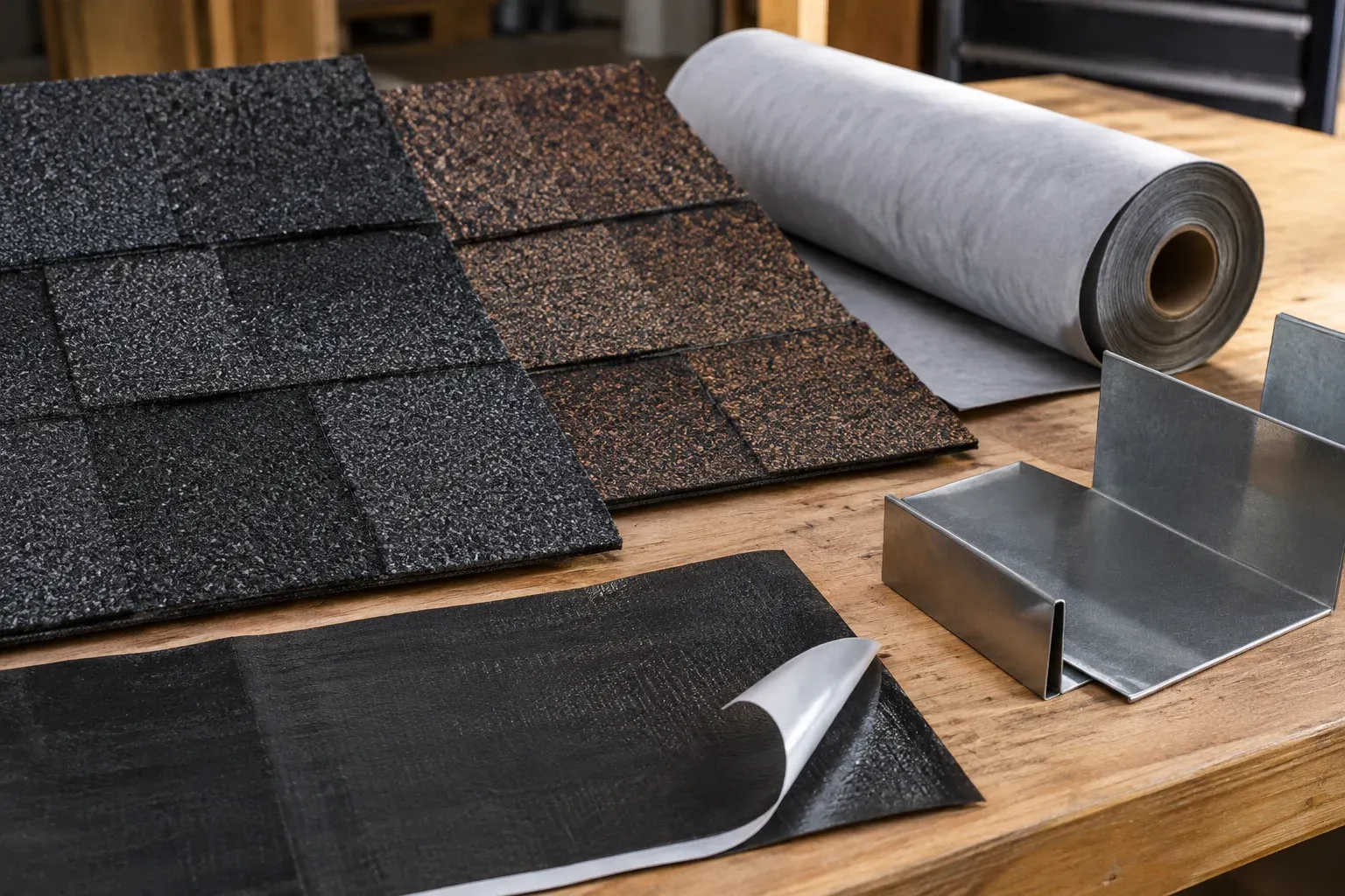 Asphalt shingle samples, underlayment and metal flashing arranged for comparison.