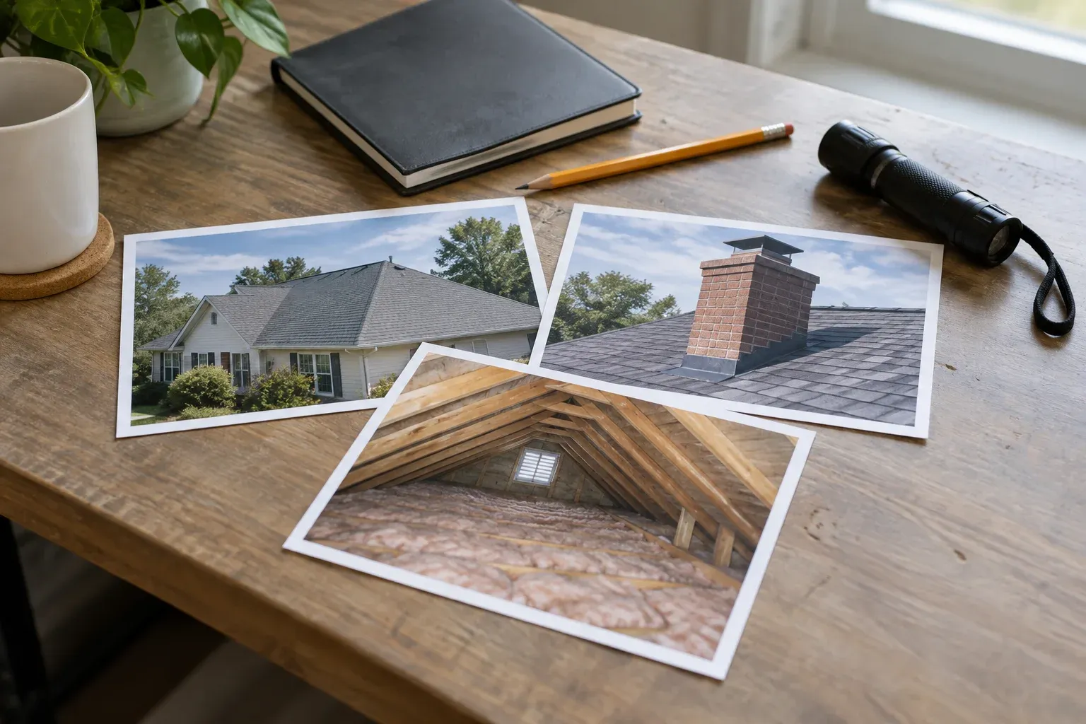 Roof and attic photographs arranged on a table beside a notebook and flashlight.