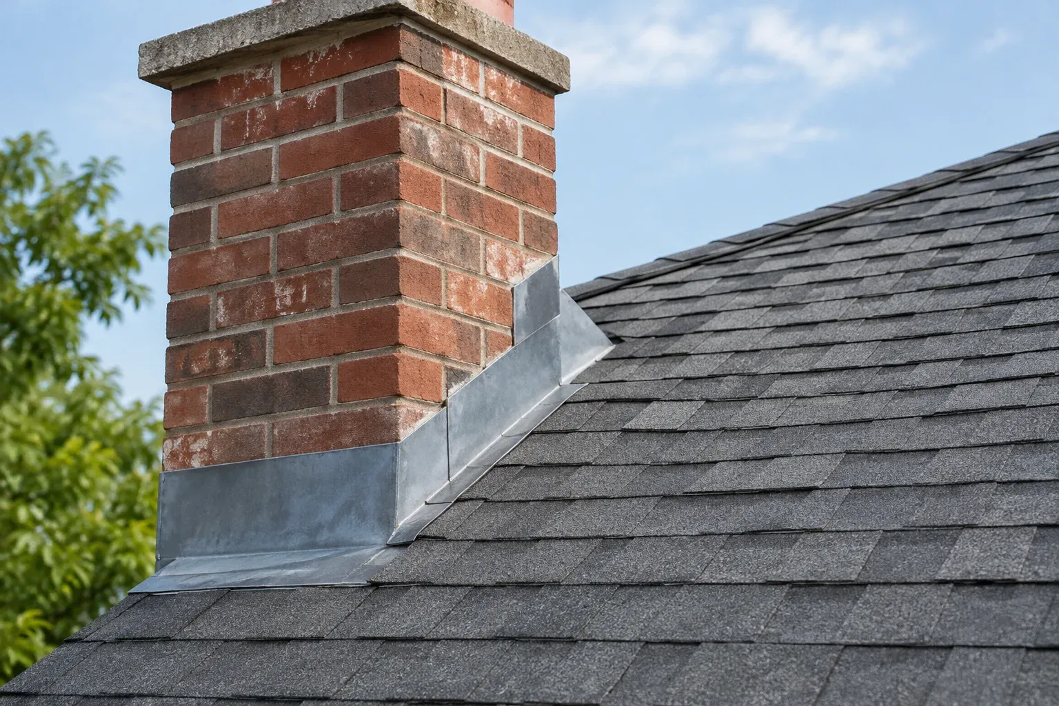 Brick chimney and metal flashing where the chimney meets a shingled roof.