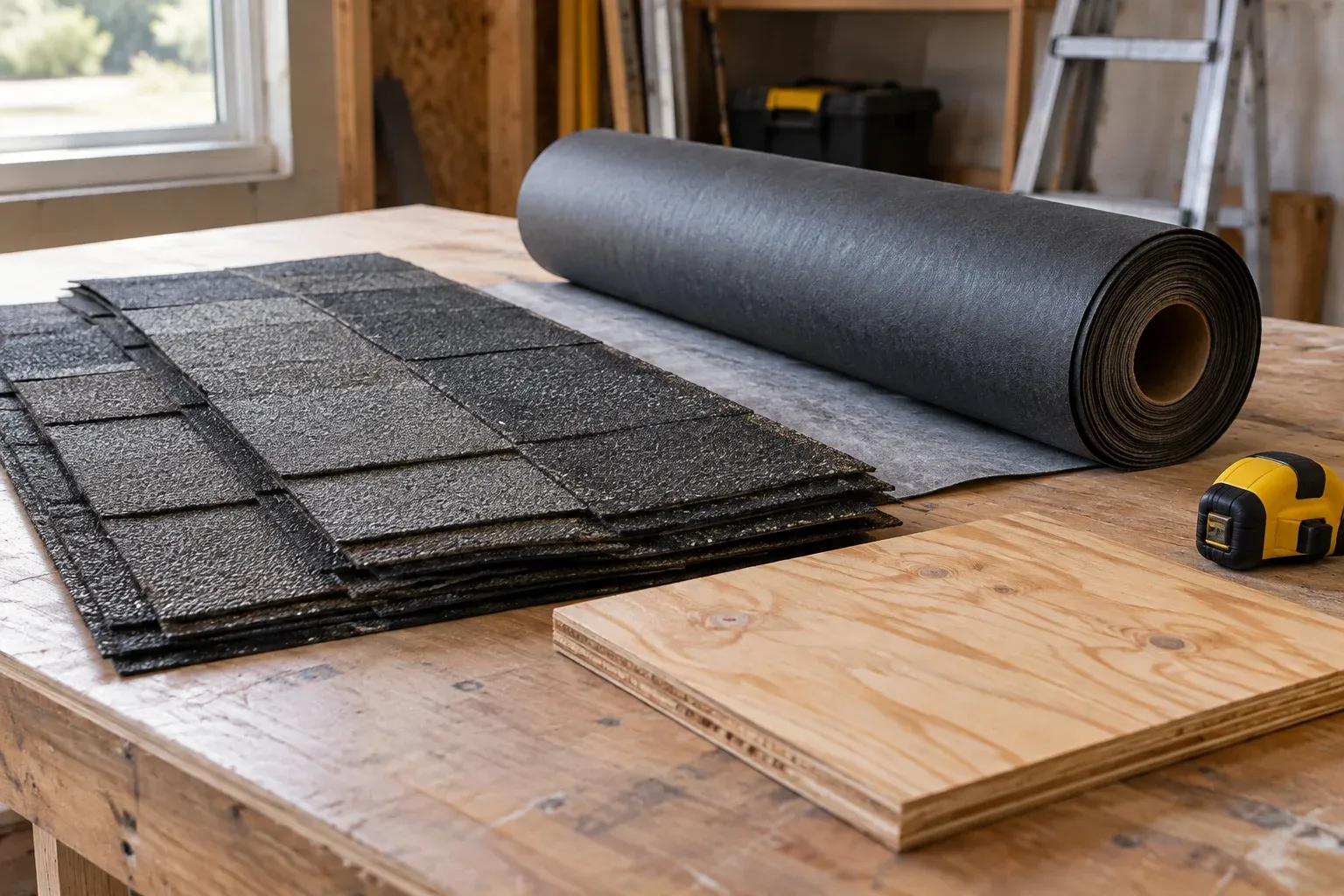 Asphalt shingles, underlayment, plywood and a tape measure on a workbench.