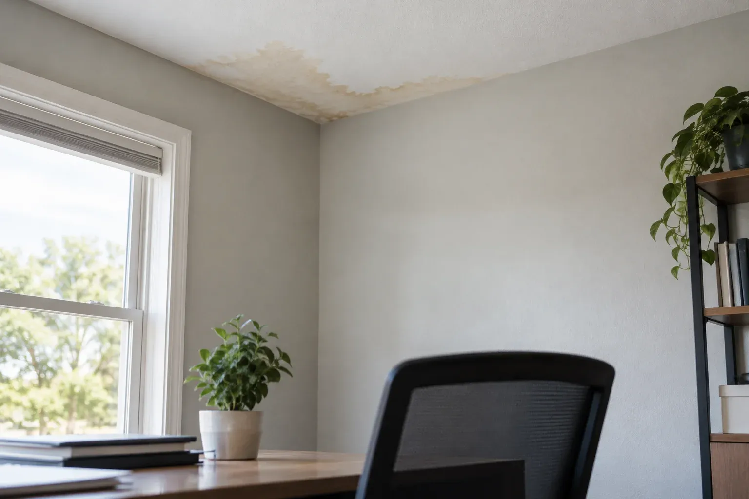 Water stain near the ceiling and wall junction in a small office.