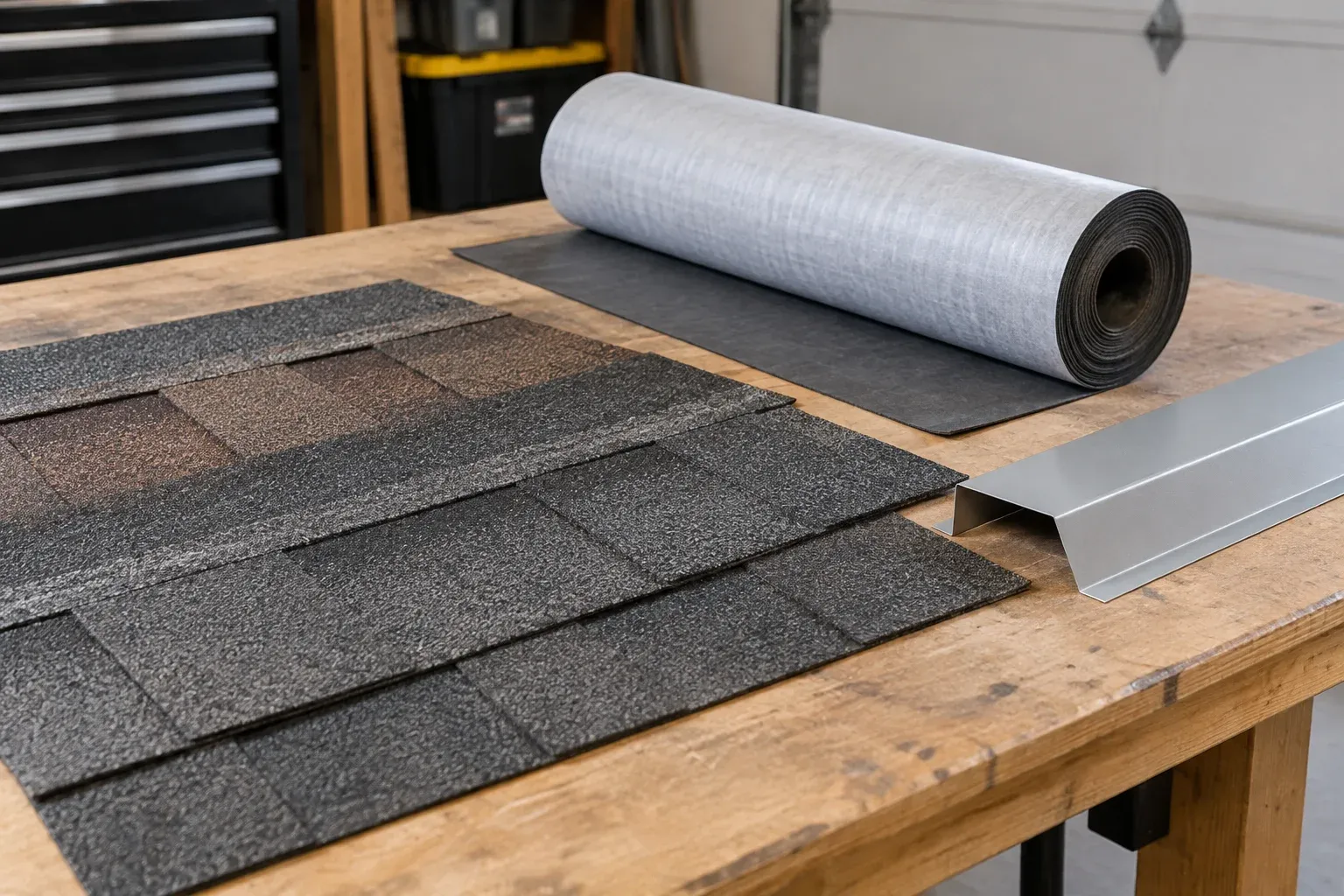 Illustrative worktable with asphalt shingles, rolled underlayment and a metal drip-edge sample.
