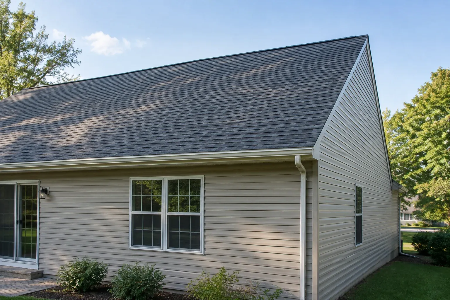 Ground-level view of a home's rear roof slope, with the gable edge, gutter, and corner downspout providing location landmarks.