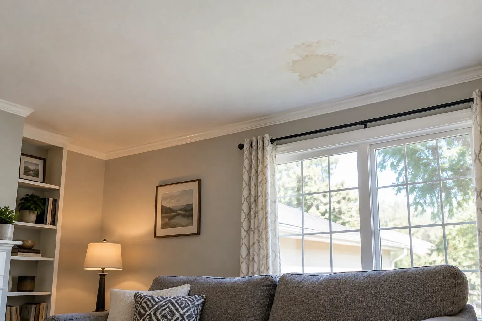 Small irregular ceiling stain near an exterior wall in a living room.