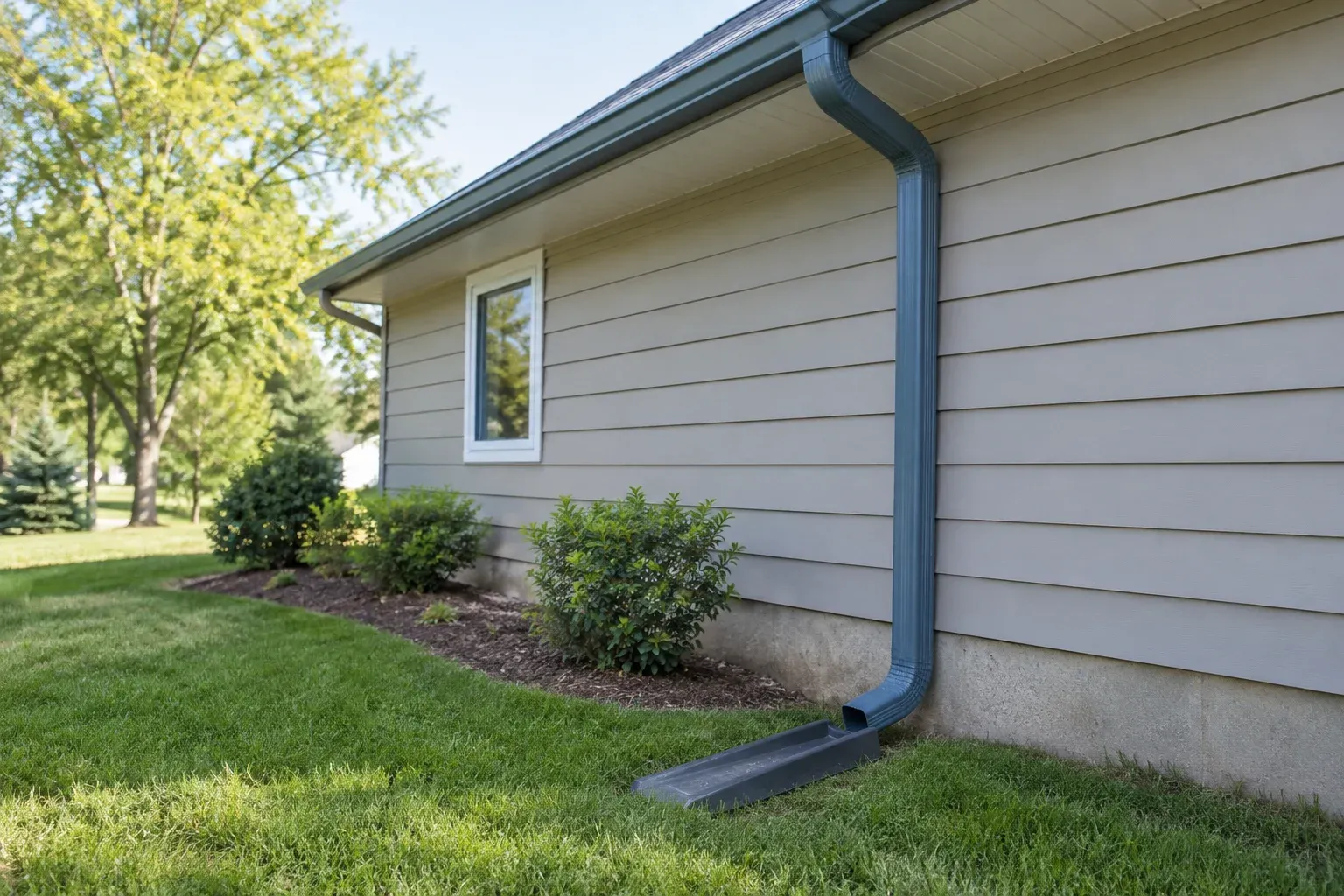 Roof-edge gutter connected to a downspout that discharges onto a splash block beside a residential building.