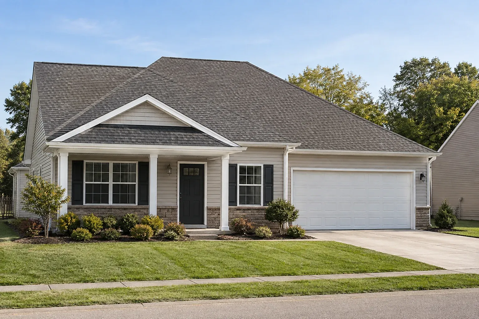 Gray-brown shingle roof and matching porch roof viewed with the home's siding and trim from the sidewalk.