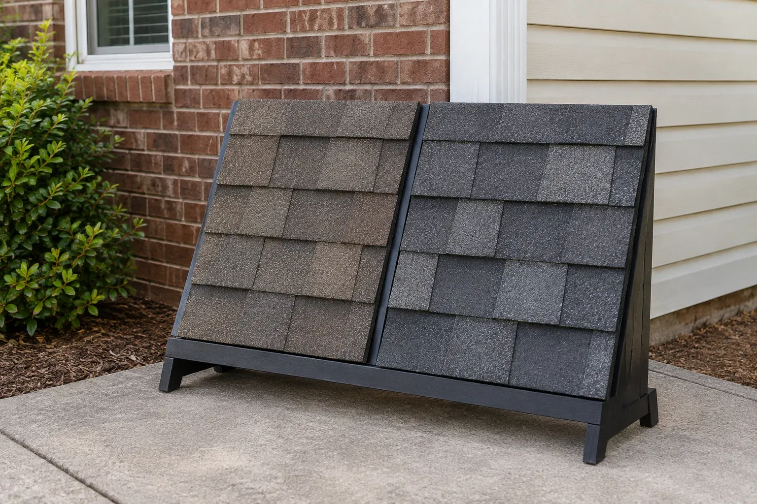 Brown-gray and charcoal shingle samples displayed beside brick, cream siding and white trim.