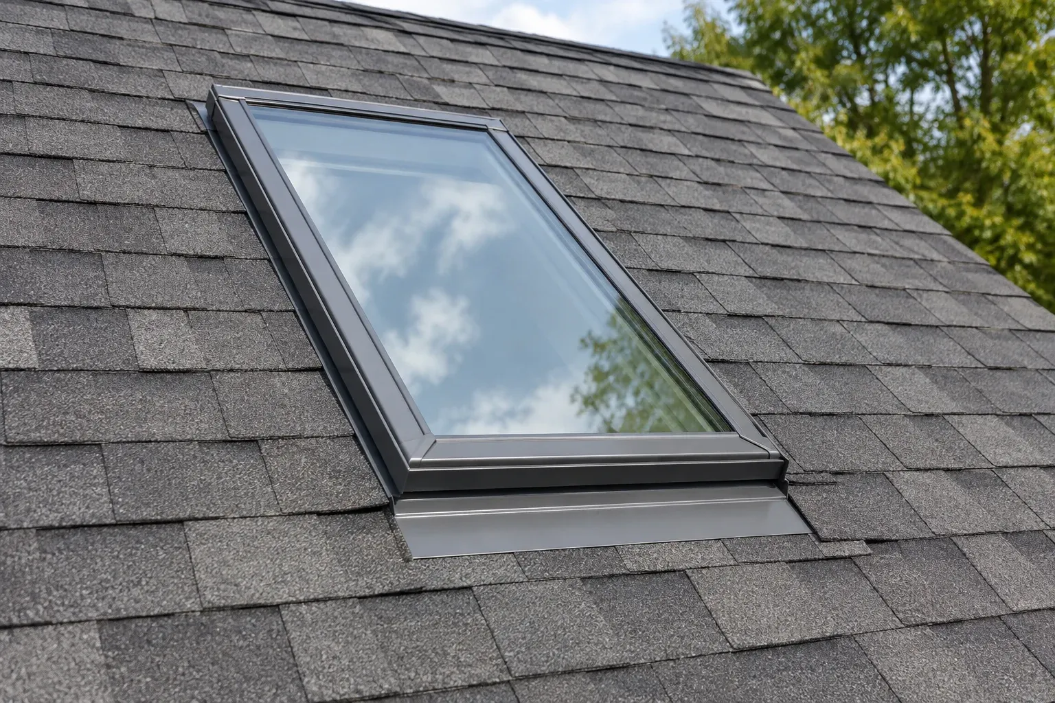 Rectangular skylight with a metal apron at its downhill edge on a shingle roof.