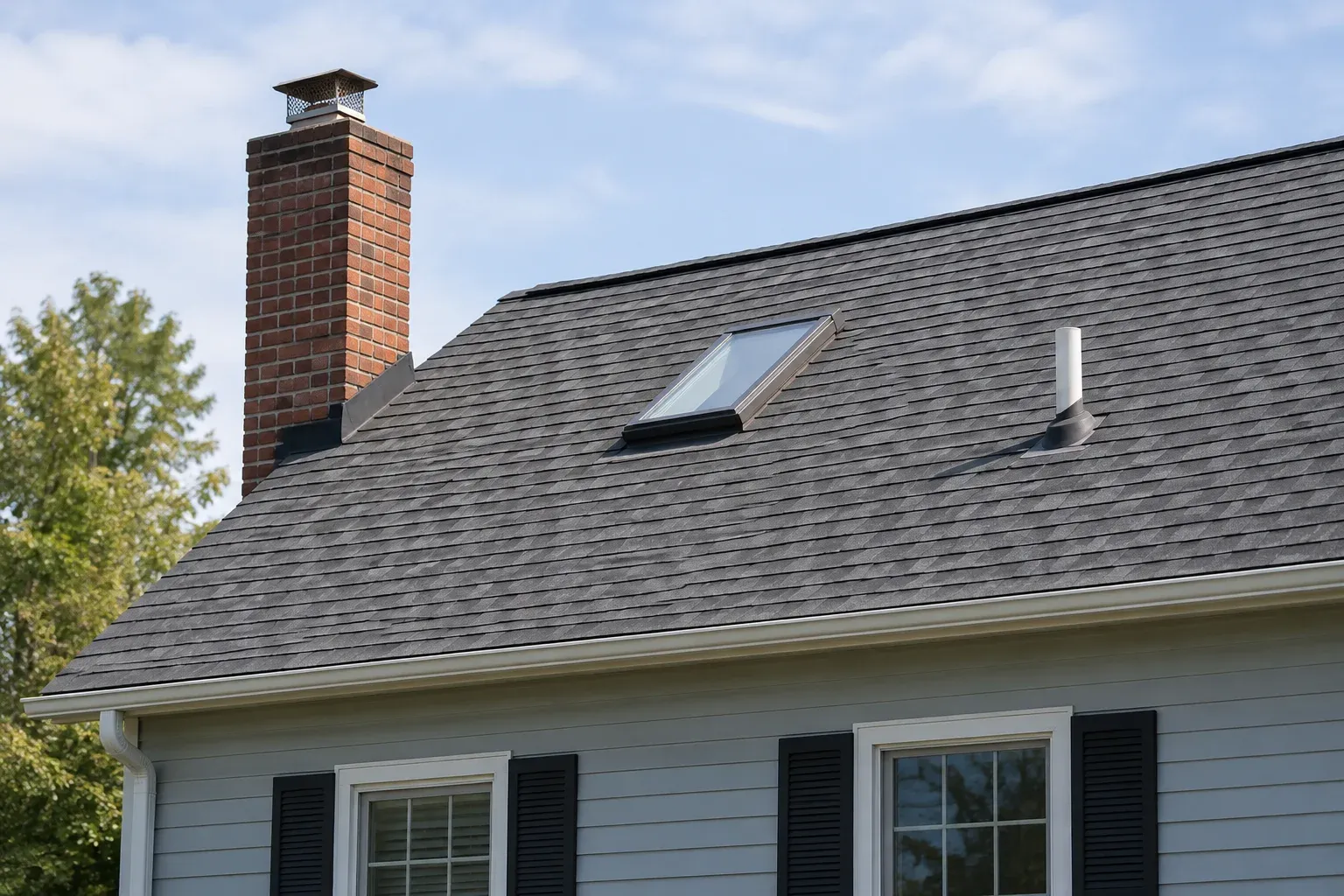 Asphalt-shingle roof with a masonry chimney, rectangular skylight, and plumbing vent.