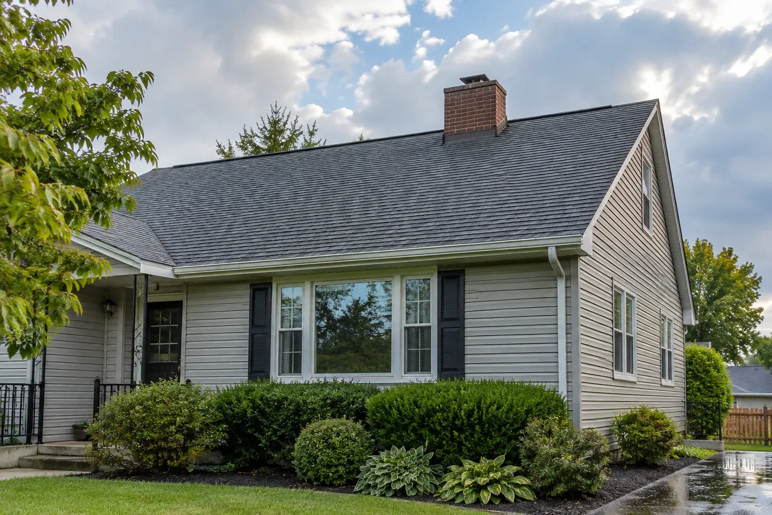 Gray asphalt-shingle roof and brick chimney on a house beneath clearing skies.