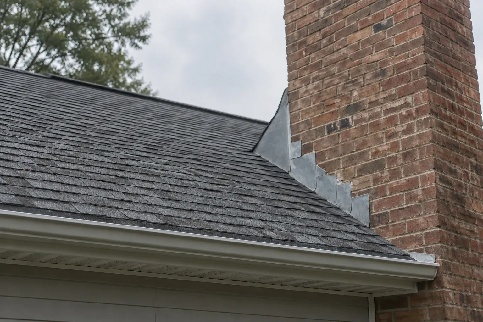 Side-yard view of shingles, a brick chimney and the gutter along a roof edge.