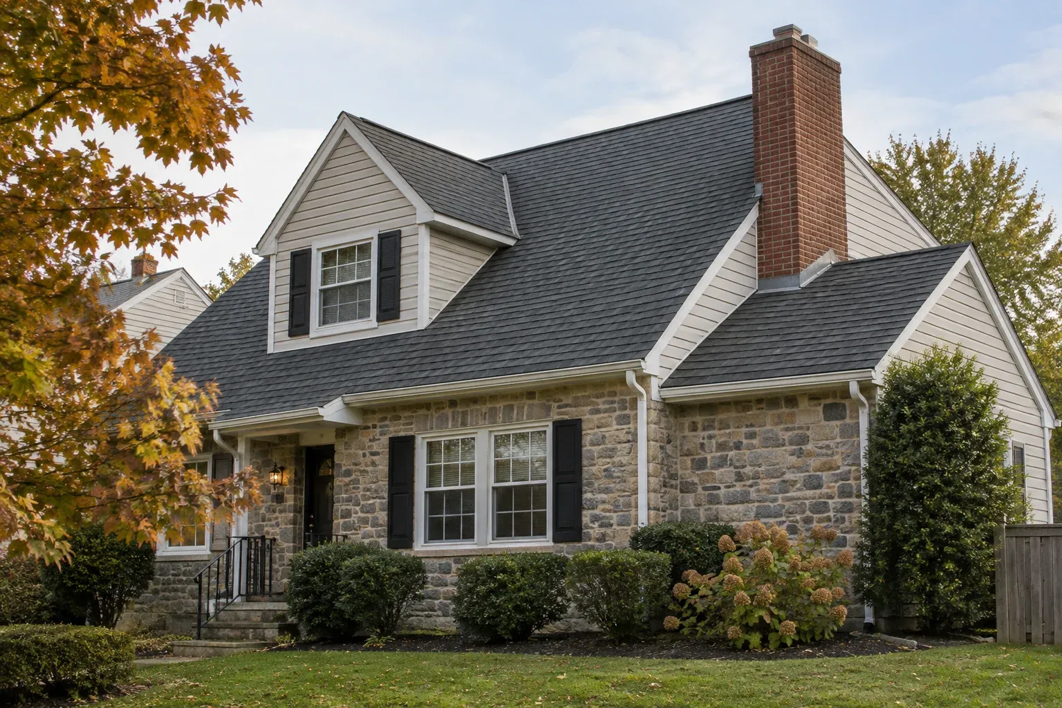 Ground-level view of a shingle roof with a chimney and gutters, showing landmarks useful for inspection photos.