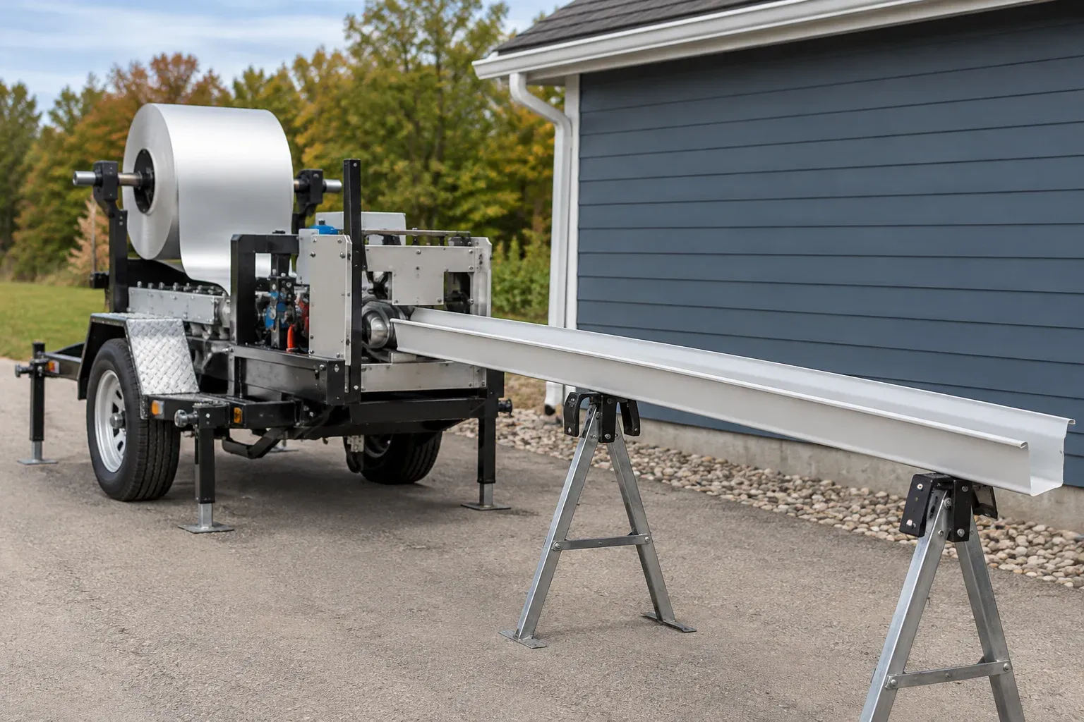 Portable roll-forming machine with a straight aluminum gutter supported on stands.