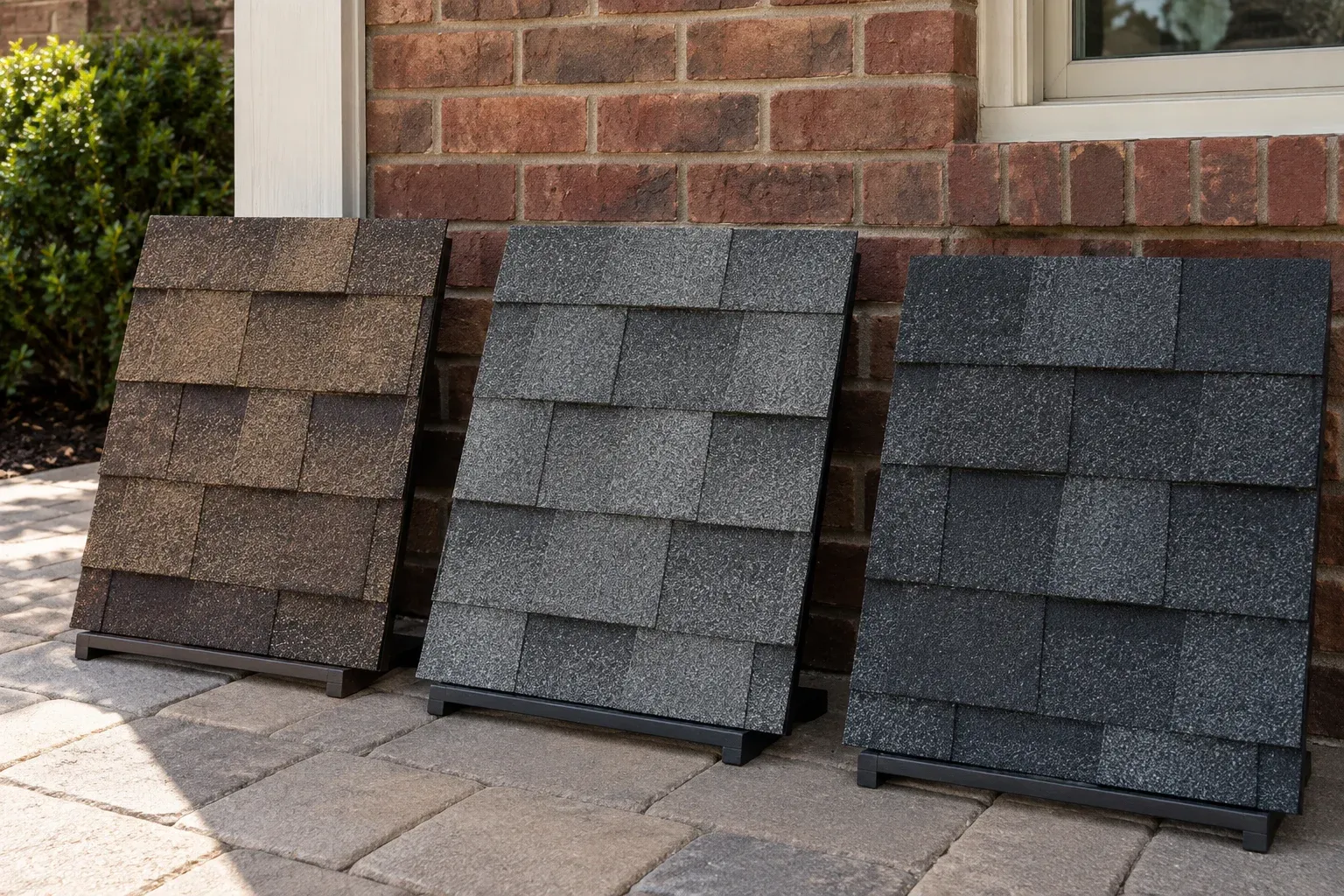 Large brown, gray, and charcoal shingle samples positioned beside brick and cream trim for color comparison.