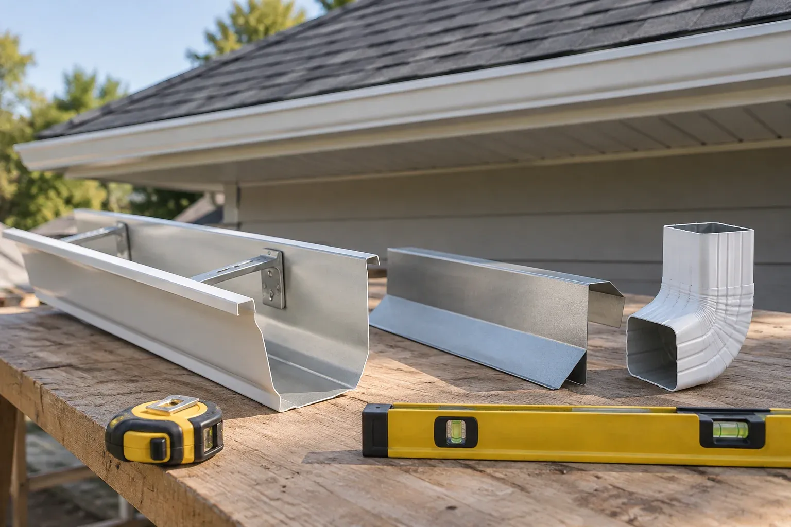 Illustrative gutter materials and measuring tools prepared on a ground-level workbench.