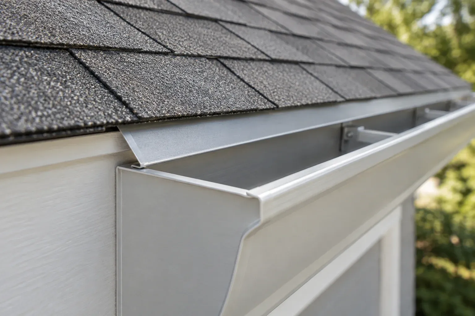 Illustrative close view of roof-edge flashing directing runoff toward an aluminum gutter.