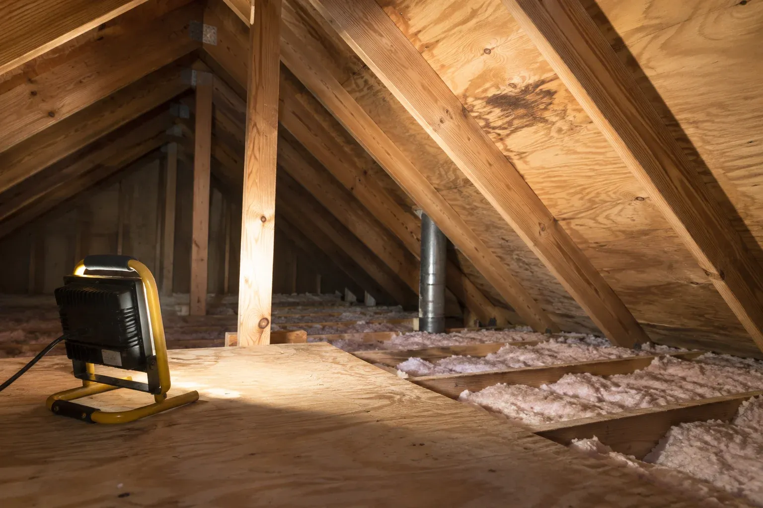 Attic rafters and roof decking with localized water discoloration above ceiling insulation.