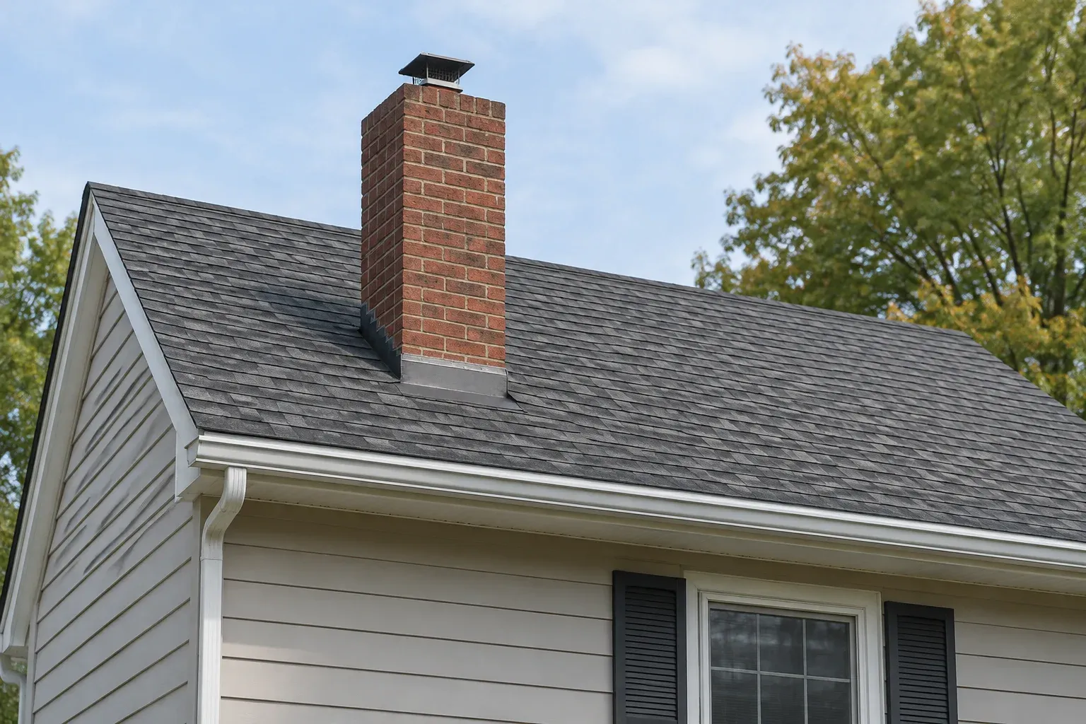 Ground-level view of an asphalt-shingle roof with a brick chimney and a gutter along the eave.