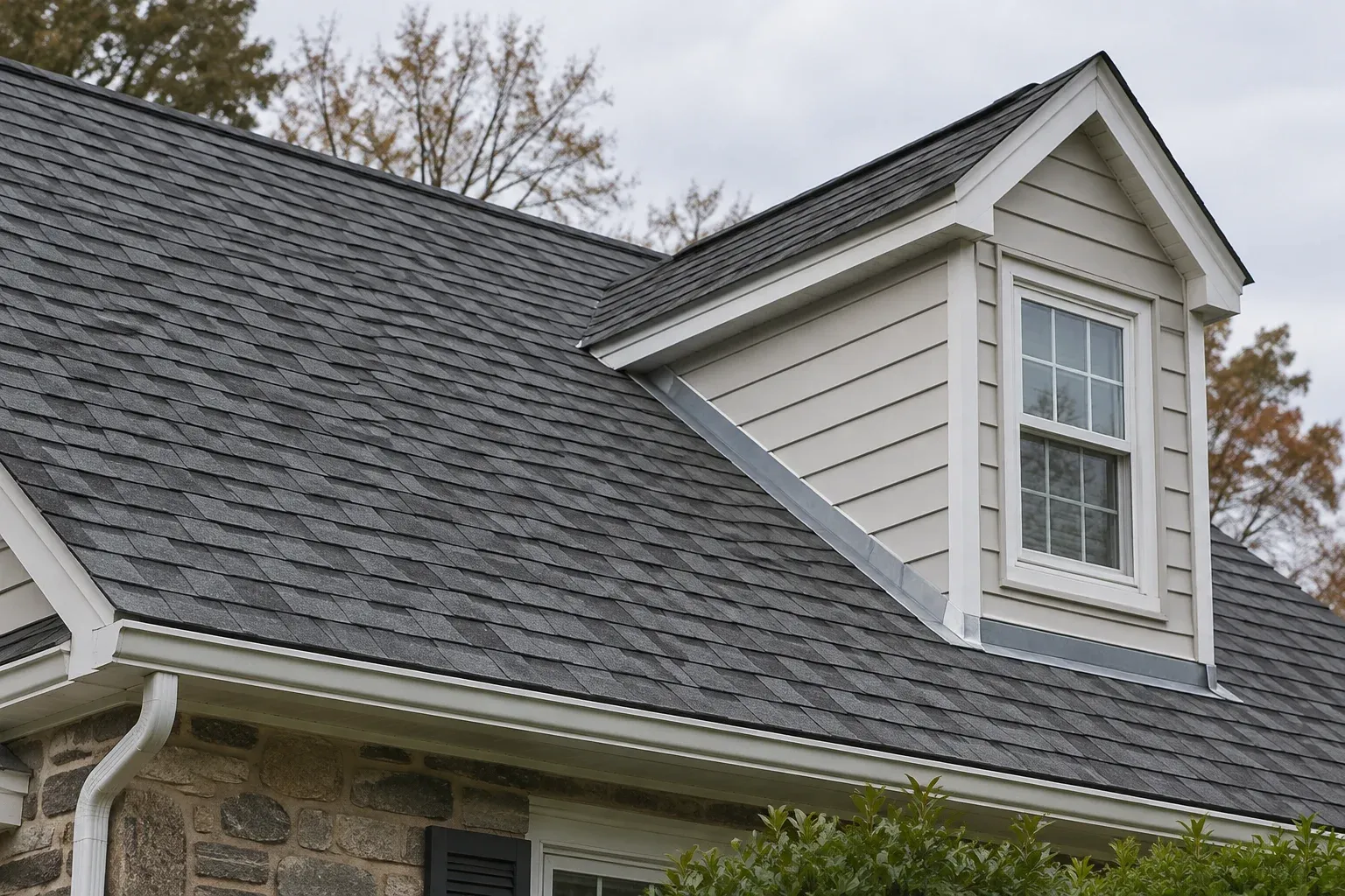 Asphalt-shingle roof with a dormer and roof-to-wall junction, illustrating areas to discuss in a repair quote.
