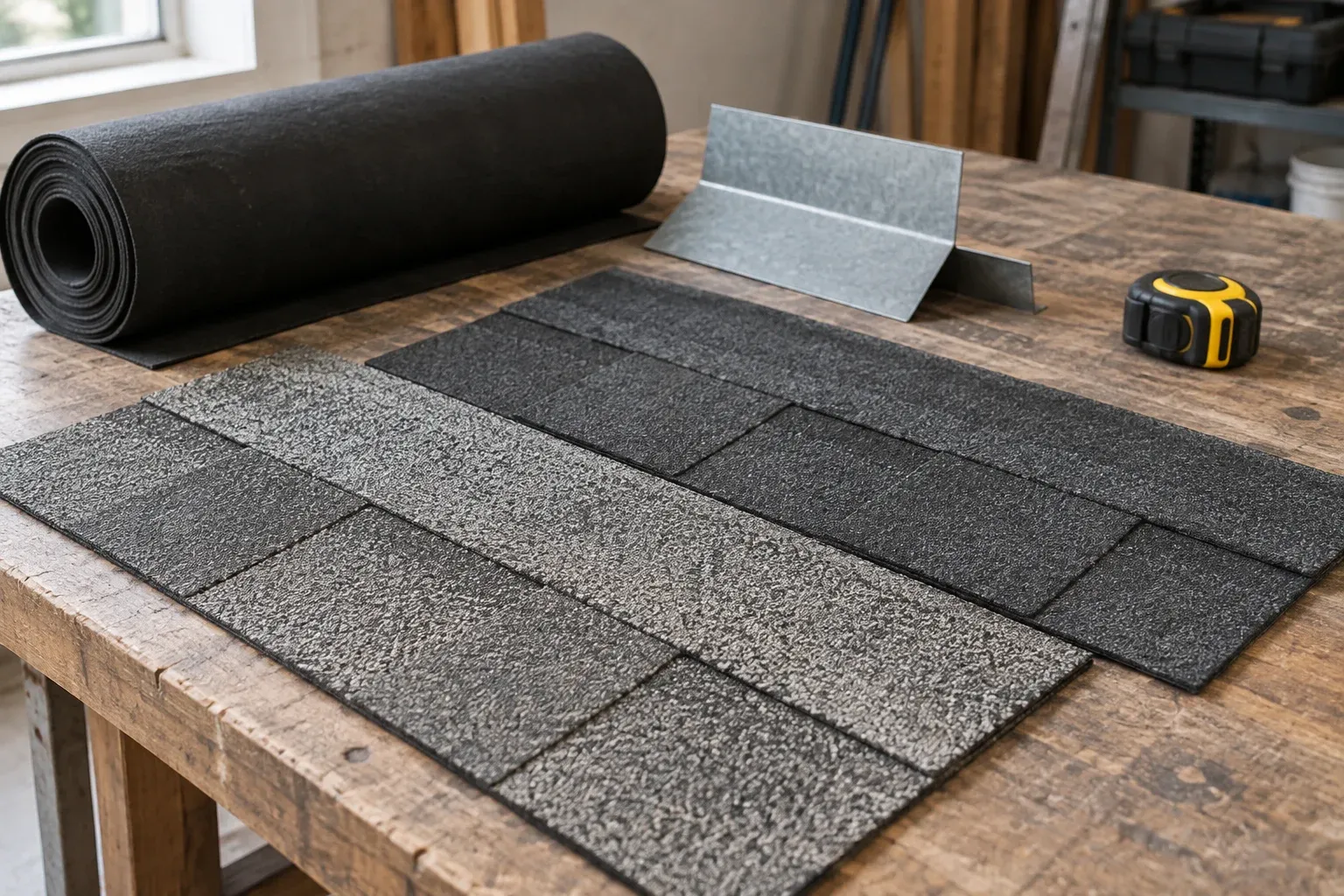 Asphalt shingle samples, rolled underlayment and a metal flashing piece on a workbench.
