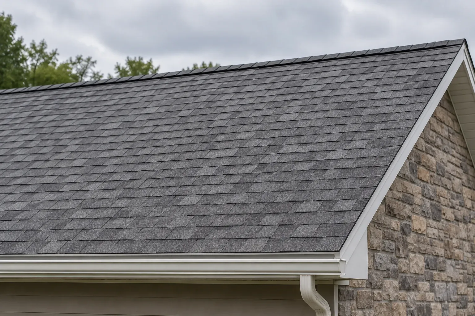 Medium-gray shingles showing subtle color variation across a broad roof above muted stone siding.