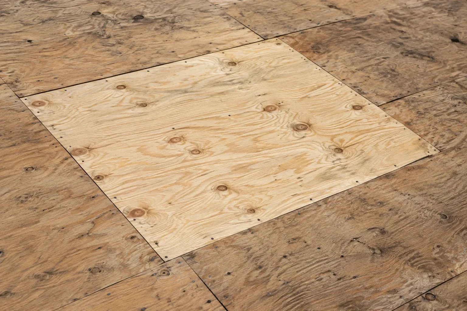 Illustrative detail of a replacement plywood panel fitted into an existing roof deck.