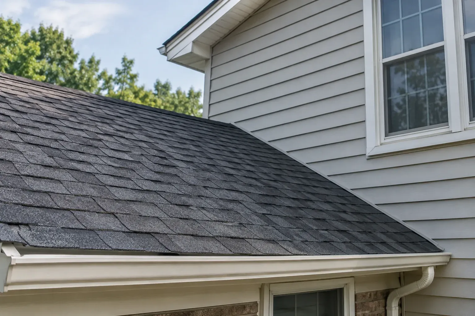 Sloped shingle roof meeting a siding-clad wall above a gutter.