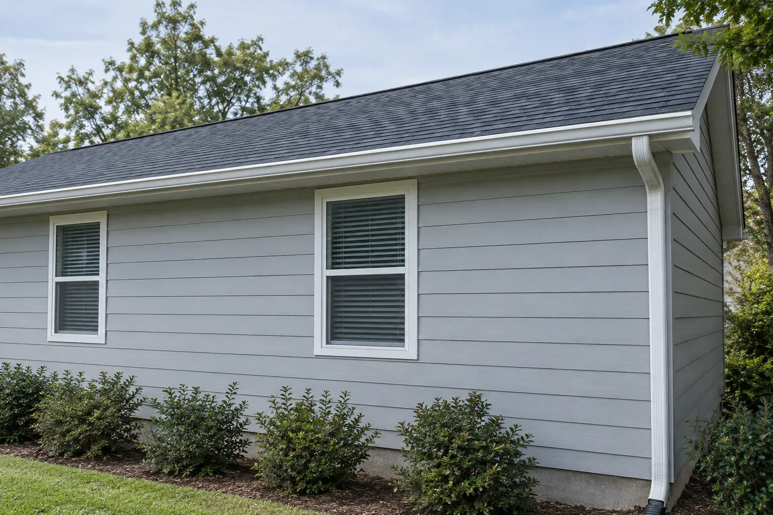 Straight aluminum gutter along the shingled roof edge of a single-story building, with a downspout at one end.