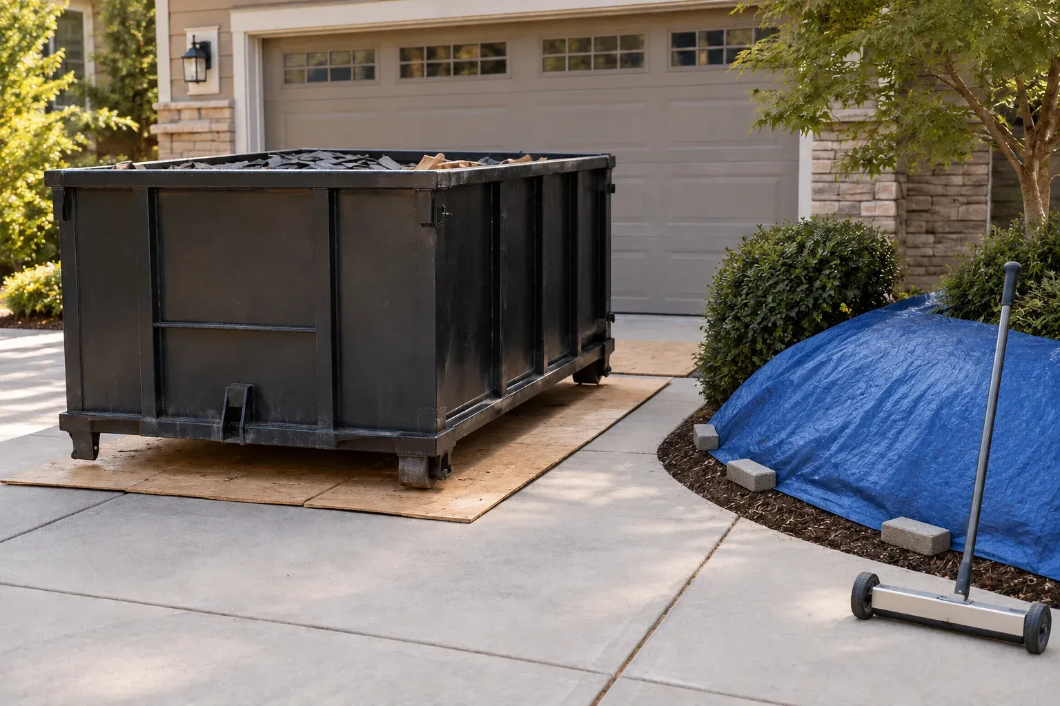 Illustrative cleanup setup with a debris container, magnetic sweeper and protected planting bed.