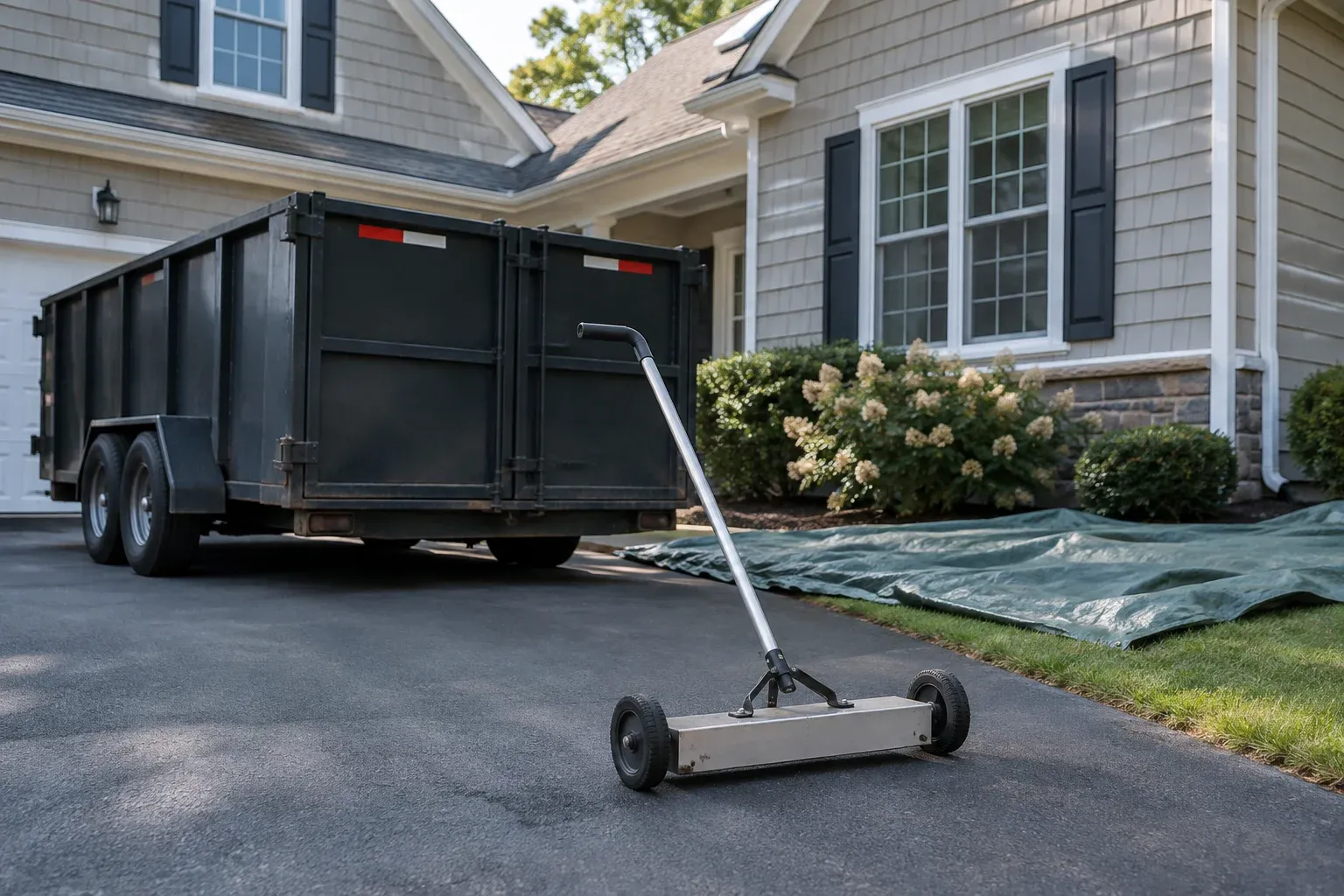 Roofing cleanup equipment and a debris container positioned beside a clear driveway.